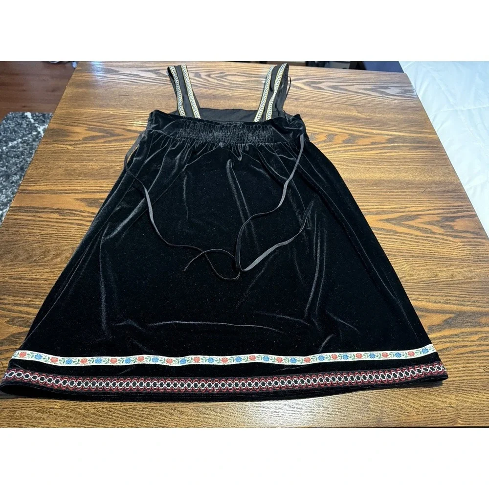 Free People Scandinavian Tunic Dress Black Velvet Boho Embroidered Trim Womens S
